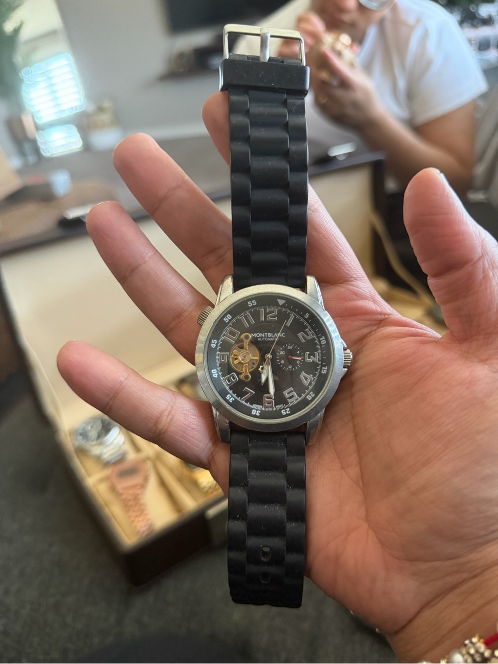 Montblanc Black Dial Silver-Tone Case Watch with Black Strap